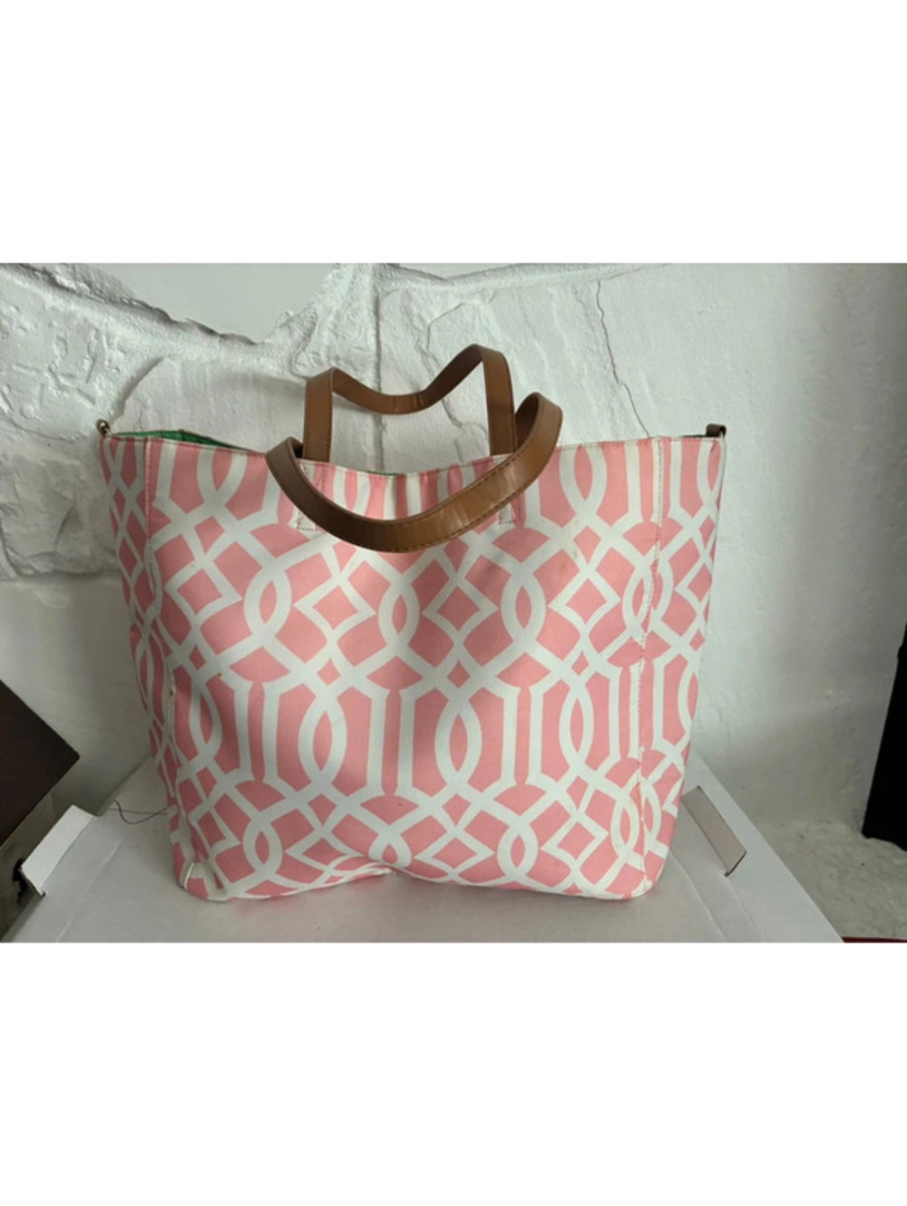 Pink and White Patterned Tote Bag with Brown Handles